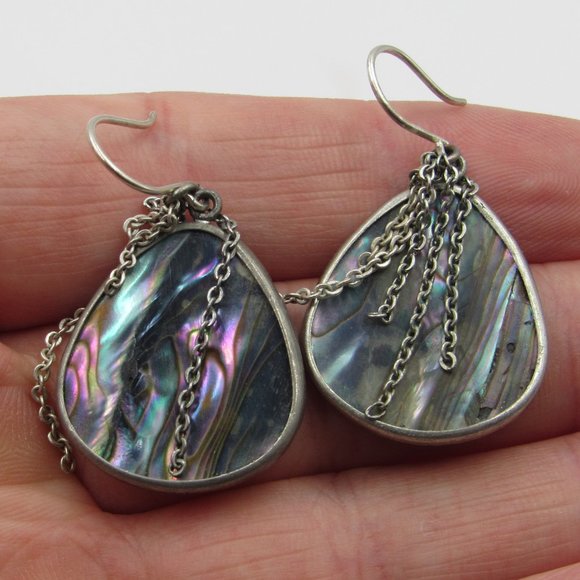 Jewelry - Silver Tone Chain Abalone Shell Earrings Vintage